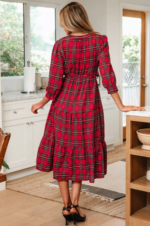 Christmas Plaid V Neck Tie Waist Midi Dress in Deep Red, close-up detail