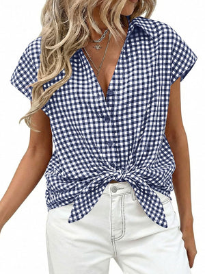 Navy gingham print button-down shirt with short sleeves and a front tie detail.