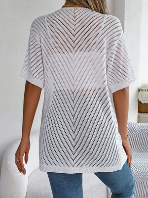 White open-knit short sleeve cardigan with chevron pattern and slouchy fit