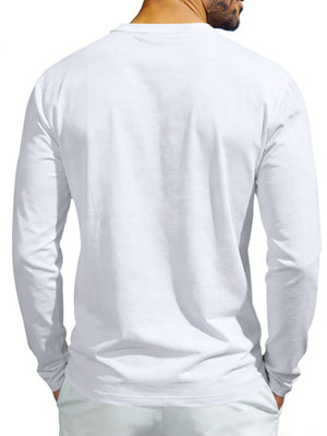 White long sleeve henley t-shirt with button detail, casual comfortable fit.
