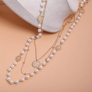 Multi-layered Pearl And 18k Gold-plated Necklace in Gold, fabric detail