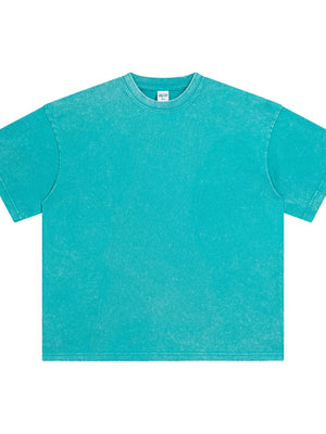 Teal acid wash oversized tee with crewneck and short sleeves.