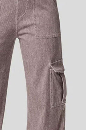 Utility denim wide-leg cargo pants in mocha with flap pockets.