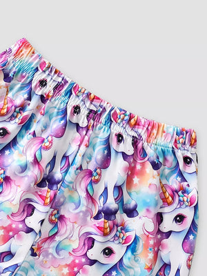 Baby girls' cotton set with a colorful unicorn print and ruffle sleeves.