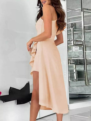 Apricot asymmetrical ruffle dress with a high-low hem and one-shoulder neckline.