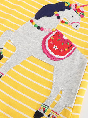 Yellow striped cotton blend toddler dress with a whimsical unicorn applique and colorful details.