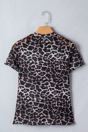 Leopard print sheer mesh t-shirt with short sleeves and lettuce trim.