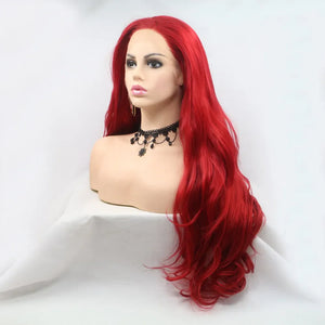 Crimson lace front wig with long, wavy red hair styled on a mannequin bust.