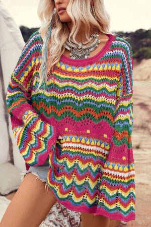 Multicolor crochet wave knit sweater with bell sleeves and open knit details.