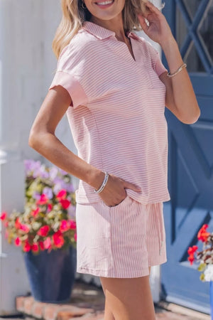 Pink striped cotton polo shirt and drawstring shorts loungewear set for women.