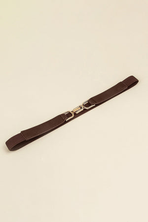 Elasticated hook-clasp waist belt in mocha with gold-tone hardware.
