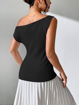 Black asymmetric ribbed knit sweater top with one shoulder detail.