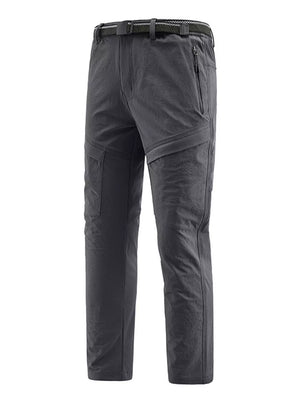 Men's grey quick-dry sweatpants with zip pockets and a belt.