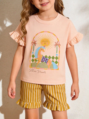 Toddler cotton graphic tee and shorts set in apricot with whimsical adventure print.