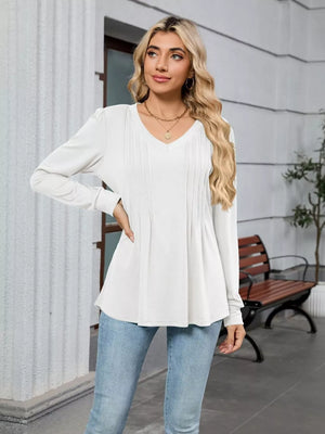 White V-neck long sleeve maternity t-shirt with pleated front detail