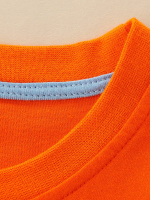 Orange cotton crew-neck t-shirt with light blue trim detail