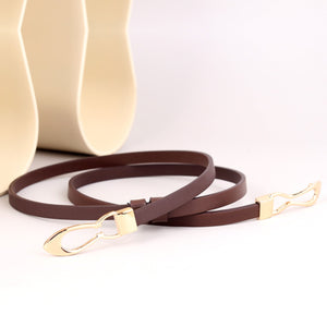 Brown leather belt with interlocking gold buckle detail