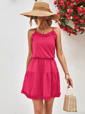 Hot pink camisole tiered mini dress with ruffled neckline and hem