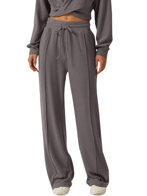 Gray cropped twist-front top and relaxed pants set with drawstring waist