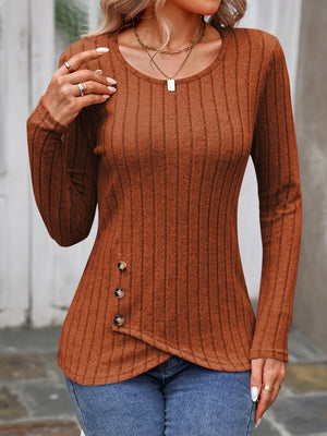 Caramel ribbed knit top with round neck, long sleeves, and asymmetrical button detail.
