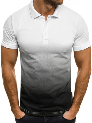 Men's white to black gradient polo shirt with button detail, short sleeves, cotton.