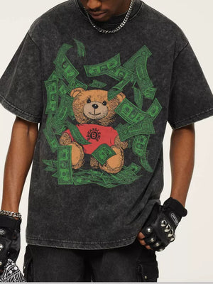 Men's dark gray graphic t-shirt with teddy bear and money print