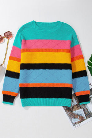 Rainbow stripe knit crewneck sweater with diamond pattern in turquoise, pink, yellow, black, and blue.