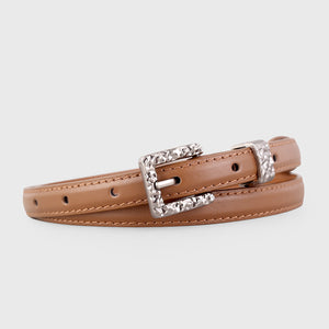 Textured cowhide leather belt in caramel with a silver buckle.