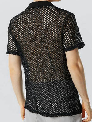 Black openwork polo shirt with short sleeves and a collared neckline.