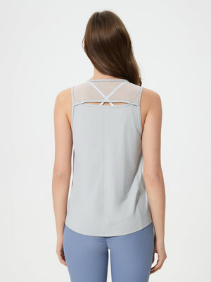 Light Gray mesh-back performance tank top with crisscross straps detail