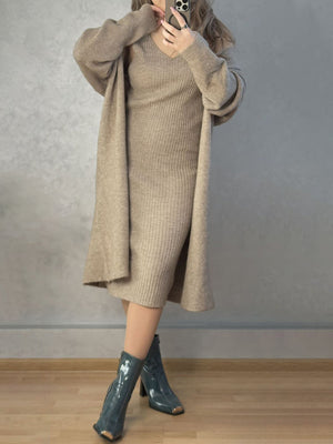 Ribbed knit midi dress and duster set in a neutral tone, V-neck dress with a longline cardigan.