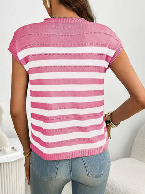 Striped knit t-shirt in blush pink and white with short sleeves and a crew neck.