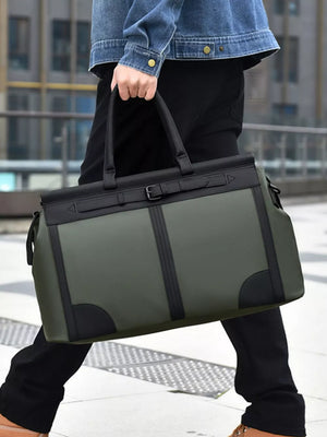 Green Oxford cloth travel duffel bag with black trim and buckle detail.