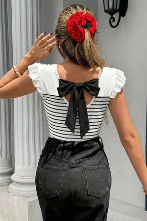 Chic striped tank top with ruffled sleeves and a large black bow detail on the back.