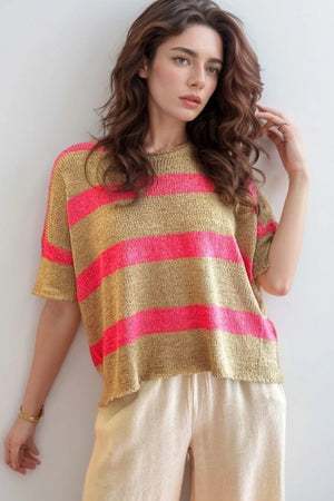 Metallic Stripe Boxy Tee with pink stripes and short sleeves.
