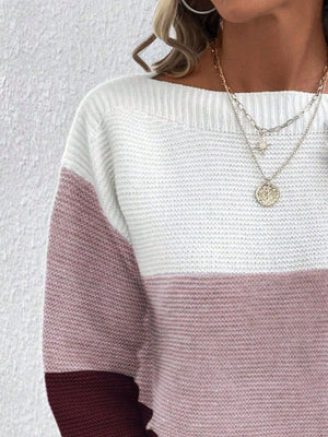 Colorblock ribbed knit sweater with boatneck in white, pink, and burgundy.