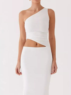 White one-shoulder cutout maxi dress with ruched detail