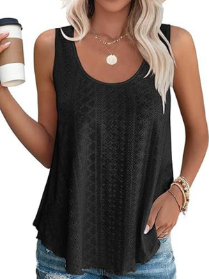 Black eyelet scoop neck tank top with a relaxed fit.