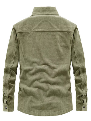 Men's Plus Size Dual Chest Pockets Shacket in Army Green, close-up detail