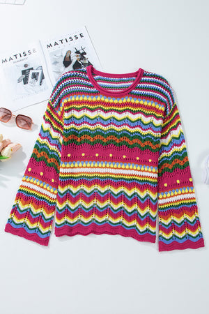 Multicolor crochet wave knit sweater with bell sleeves and a round neckline.