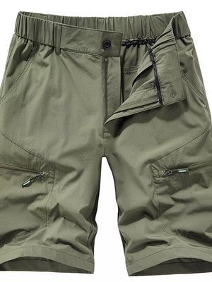 Army green men's cargo shorts with elastic waist, drawstring, and zippered pockets.