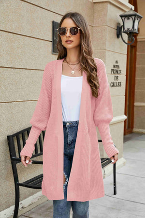 Dusty Pink knit cardigan with puffed sleeves and open front, acrylic material.