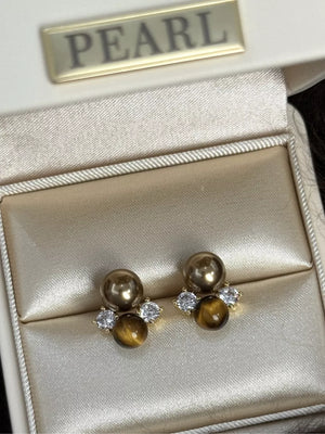 Spherical Tiger Eye Stone Stud Earrings with clear accents and pearl detail