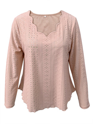 Dusty Pink eyelet blouse with scalloped neckline and long sleeves.