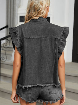 Black denim vest with ruffled cap sleeves and frayed hem.