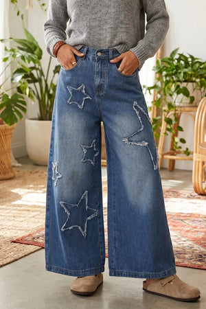 Star Decorated Wide Leg Jeans in Medium, front view