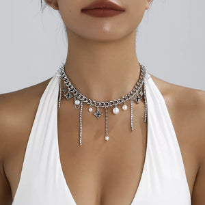 Tassel Star-moon Synthetic Pearl Pendant Choker in Silver, front view