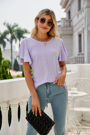 Lilac eyelet flounce sleeve crew neck top with subtle diamond pattern.