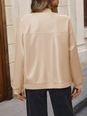 Tan zip up bomber jacket with ribbed cuffs and hem.