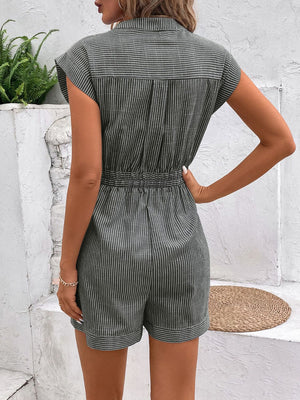Striped shiriting romper in Gum Leaf with cinched waist and short sleeves.